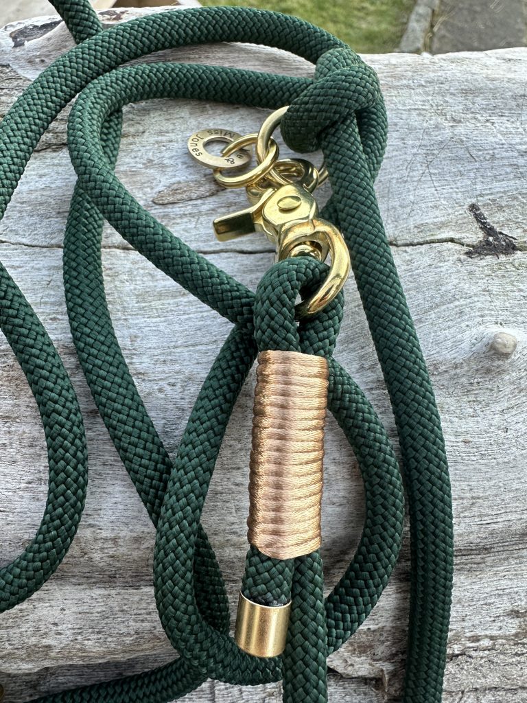 goldene Takelung an grüner Leine mit messingfarbener Hardware