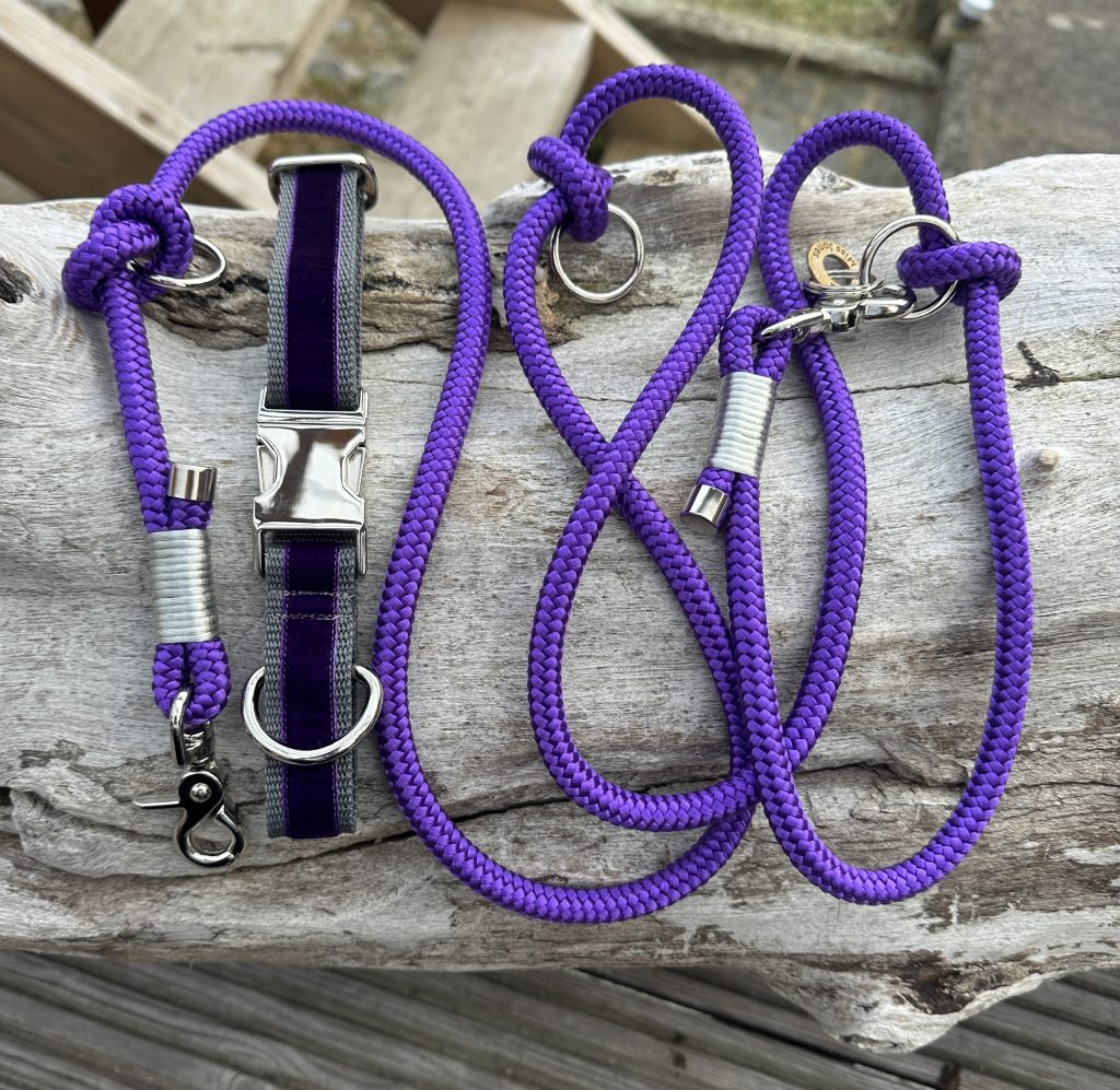 Lila farbenes Set Hundehalsband mit Leine mit grauer Takelung