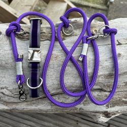 Lila farbenes Set Hundehalsband mit Leine mit grauer Takelung
