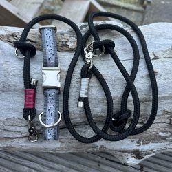 Hundehalsband mit Möwenmotiv und Leine schwarz mir roter und grauer Takelung