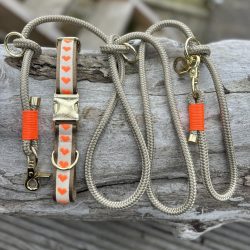Set Seventies Hundehalsband und Leine sandfarben mit orange farbenen Herzen
